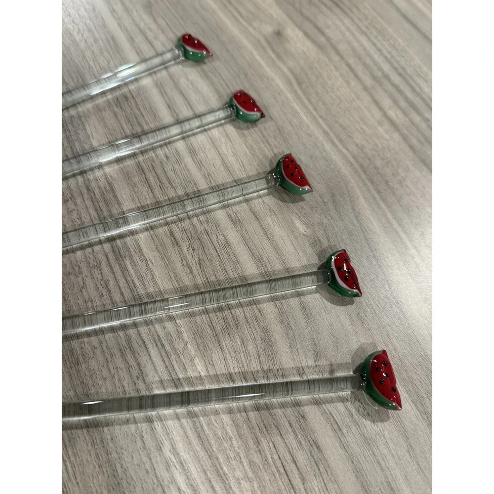 Hand Blown Glass‎ Watermelon Fruit Barware Swizzle Stir Sticks Set Lot of 5